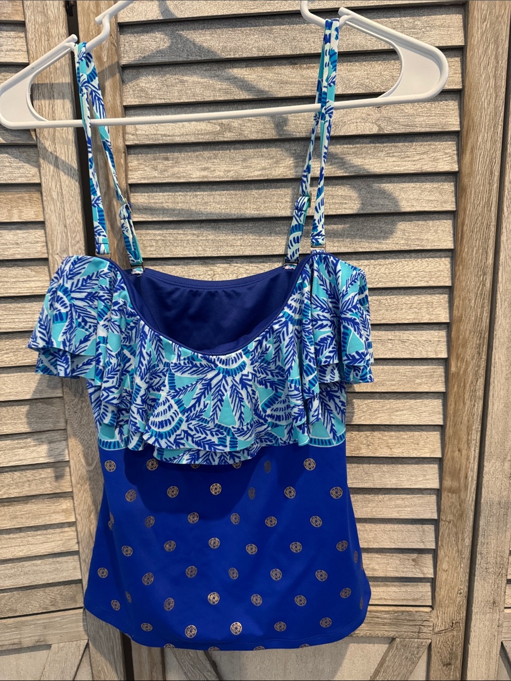Blue Tropical Print Ruffle Tankini Top